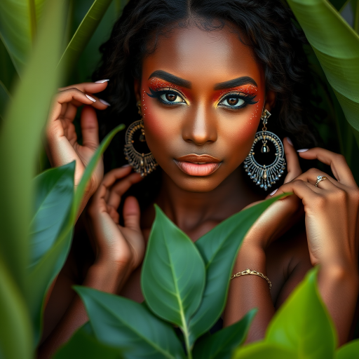 Regenerate the image of a woman with glittery eyeshadow and large earrings posing with hands near her face surrounded by lush green plants, captured with a Canon EOS R5, 50mm lens, f/1.8 aperture, ISO 100, natural light, portrait view, high dynamic range style.