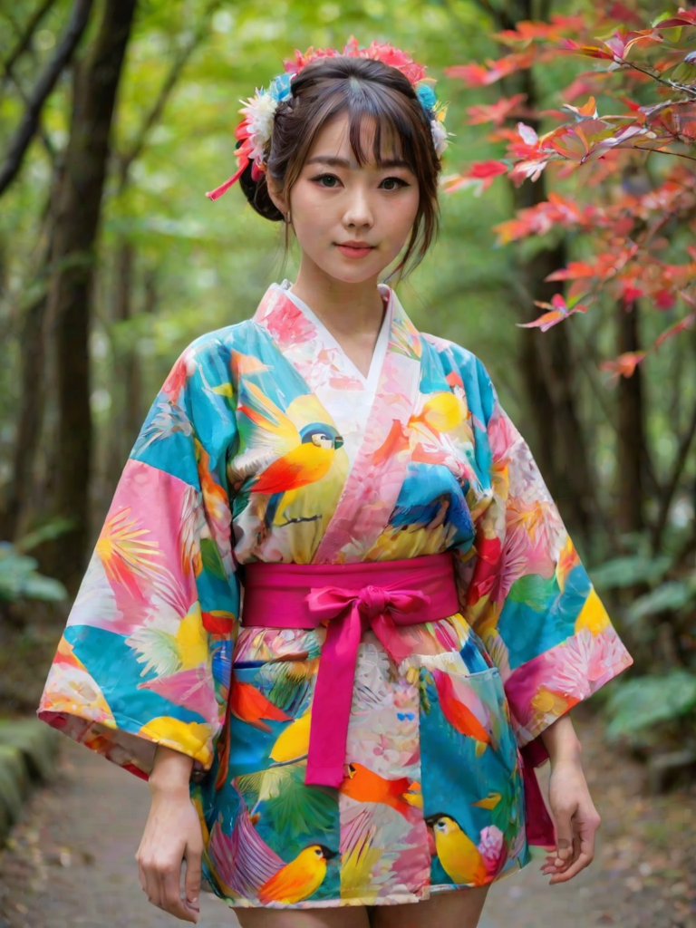 A beautiful Japanese girl, wearing colorful bird clothing with vibrant colors