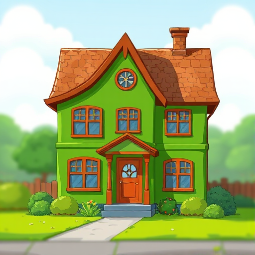 Create a vibrant illustration of a cartoon-style green house with a brown roof, front door, and several windows, using a DSLR camera with a wide-angle lens set to f/8, ISO 200, and a soft focus background for artistic effect.