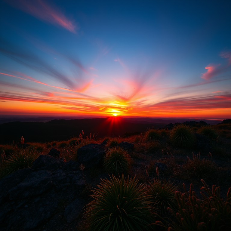 Create a high-resolution image of a scenic landscape during sunrise with vibrant colors, using a DSLR camera with a 24mm lens, f/8 aperture, ISO 100, 1/200 sec shutter speed, captured from a low angle view and in landscape orientation.