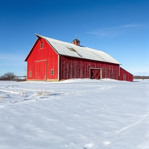 A rustic red barn in a snowy landscape under a clear blue sky, captured with a Canon EOS 5D Mark IV, 50mm lens, f/8 aperture, ISO 100, and a wide-angle view to enhance depth and detail.