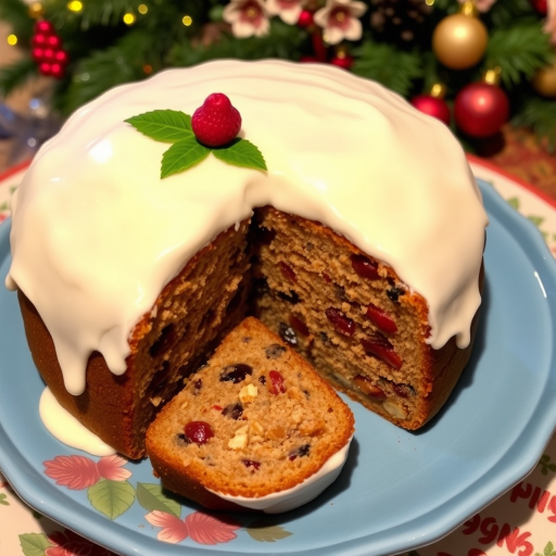 A beautifully decorated round cake with a smooth white icing on a blue plate, a slice cut out revealing a rich fruit cake with nuts and colorful dried fruits, displayed on a decorative plate, in a festive setting with hints of holiday decorations in the background.