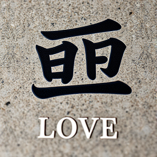 Create a close-up image of a textured stone background featuring the Chinese character for love in bold black, with the word "LOVE" in white beneath it, using a DSLR camera at f/2.8 aperture, ISO 100, and a 50mm lens for sharp focus and depth of field.