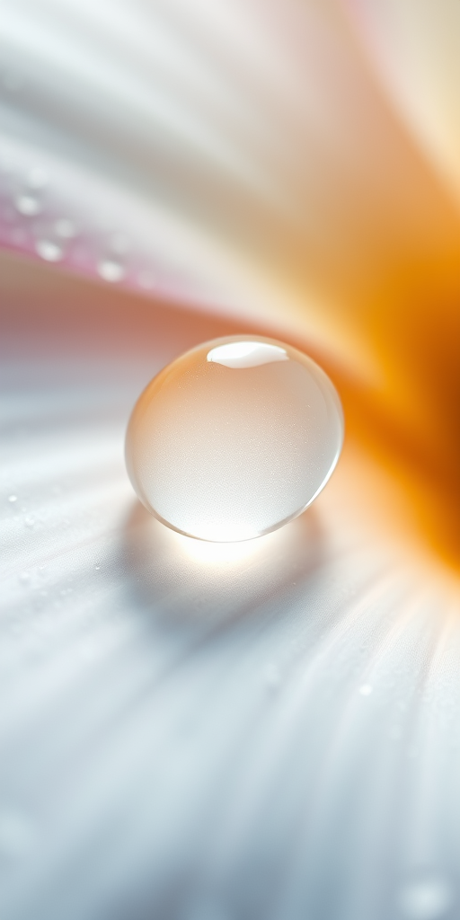 Sharp, high-resolution close-up of a raindrop resting on a delicate flower petal, soft sunlight reflecting off the water, tiny details of the petal's texture visible, and the fresh smell of rain.