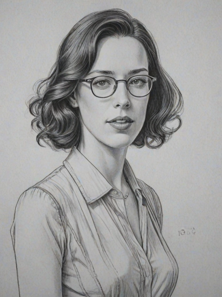 Elegant Rebecca Hall, pencil sketch, portrait of Graceful woman 1935s in glasses, hair style beatnik, outline, clear lines, fine lines, 8k