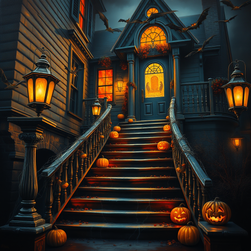 airbrushed oil painting, halloween theme, a haunted house, stairs, highly decorated, illuminated, lanterns, jack o'lantern, bats, webcobs