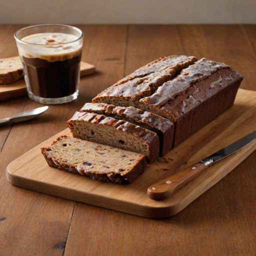 Create an image of a moist and richly textured loaf cake on a wooden cutting board. Slice the cake to reveal its soft interior, and include a glass of iced coffee beside it. The setting should have a cozy kitchen vibe with soft lighting.