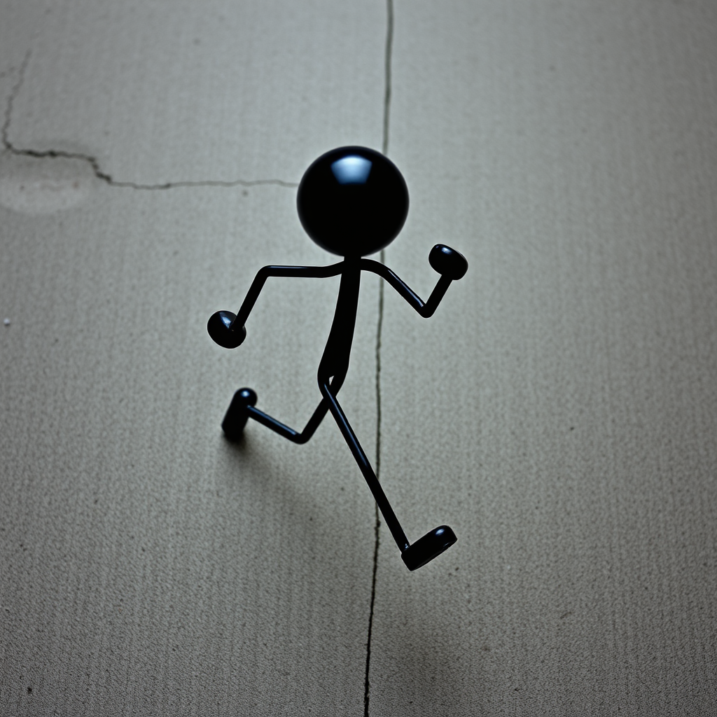 Create a high-resolution image of a stick figure running energetically, captured with a DSLR camera at f/2.8 aperture, ISO 100, 50mm lens, top-down view, using a contemporary style with vibrant color contrast and sharp detail.