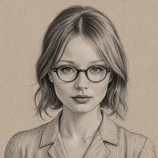 Splendid Emily Browning, pencil sketch, portrait of Appealing woman 1945s in glasses, hair style beatnik, outline, clear lines, fine lines, 8k