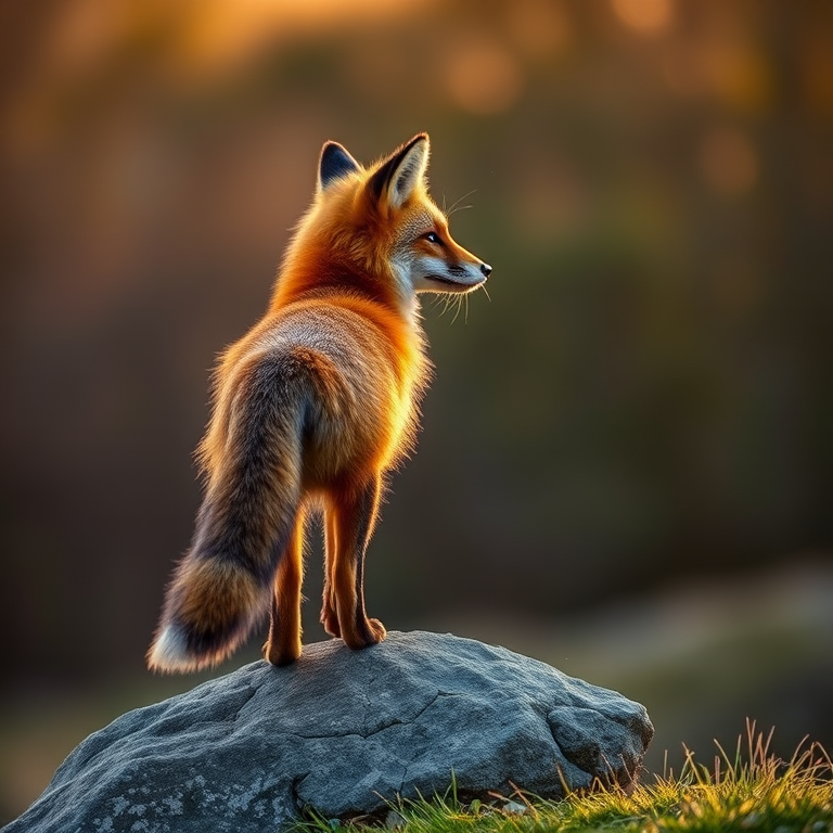 regenerate a serene fox standing on a rock, looking back, with soft blurred background, shot with a Canon EOS R5, 85mm f/1.4 lens, aperture f/2.8, shutter speed 1/200s, ISO 200, in golden hour light for warm tones