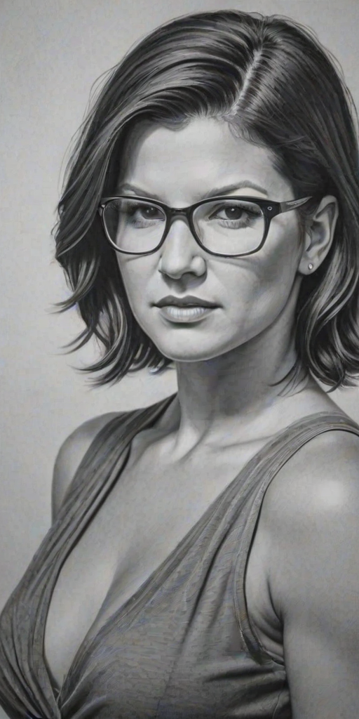 Elegant Gina Carano, pencil sketch, portrait of Enchanting woman 1922s in glasses, hair style beatnik, outline, clear lines, fine lines, 8k