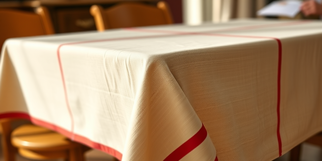 A wooden table with a cream-colored tablecloth and red trim, captured from a low angle using a DSLR camera, aperture f/2.8, shutter speed 1/60s, ISO 100, in natural lighting to enhance texture and depth.
