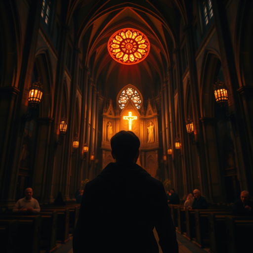 Generate an image of a character in a dark, gothic cathedral with a dramatic altar bathed in fiery light, using a wide-angle lens at f/2.8, ISO 200, and a focal length of 24mm, capturing the atmosphere and details in high resolution.