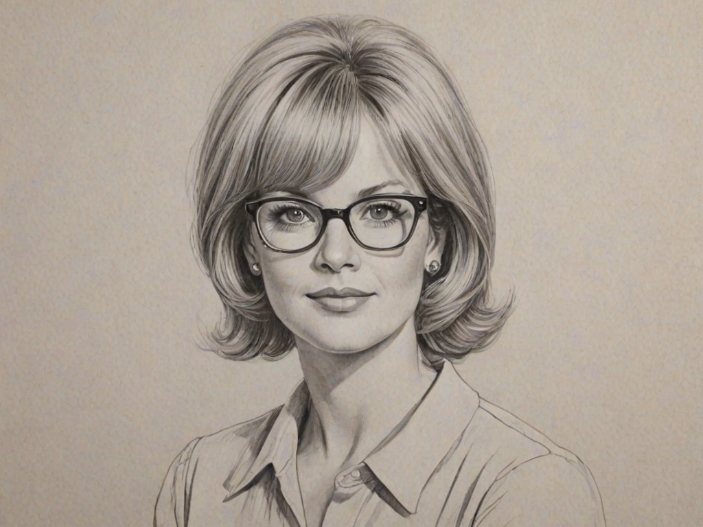 Superb Bonnie Hunt, pencil sketch, portrait of Delightful woman 1963s in glasses, hair style beatnik, outline, clear lines, fine lines, 8k