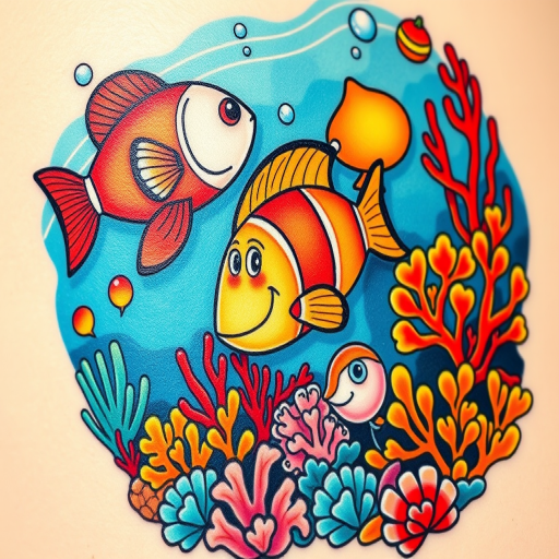Whimsical new school tattoo of a colorful underwater scene, showcasing cartoonish sea creatures and vibrant coral reefs, incorporating exaggerated proportions and playful color gradients