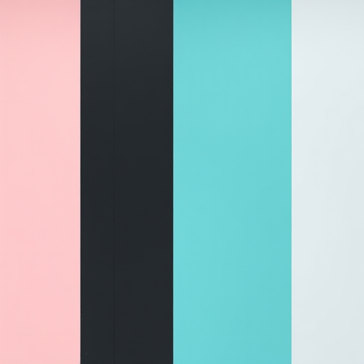 Create a high-resolution digital abstract image featuring vertical stripes in varying widths, using a color palette of pastel blue, soft pink, rich black, and vibrant teal, captured with a Canon EOS R5, 50mm lens, f/8 aperture, ISO 100, natural lighting, and a straight-on view for clarity.
