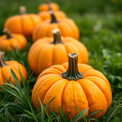 high-quality close-up of bright orange pumpkins on green grass, using a DSLR camera, aperture f/2.8, shutter speed 1/250s, ISO 100, soft focus background, natural lighting, landscape orientation