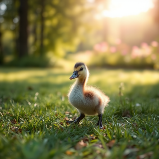 Softly focused photo of a baby duckling waddling through a grassy field, soft sunlight filtering through the surrounding trees, with distant flowers in full bloom.