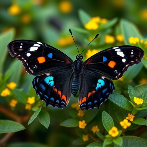Generate an image of a butterfly with black wings featuring blue and orange spots, resting on green foliage with small yellow flowers in the background. The scene should have a soft focus, capturing the natural beauty of the butterfly and its surroundings.