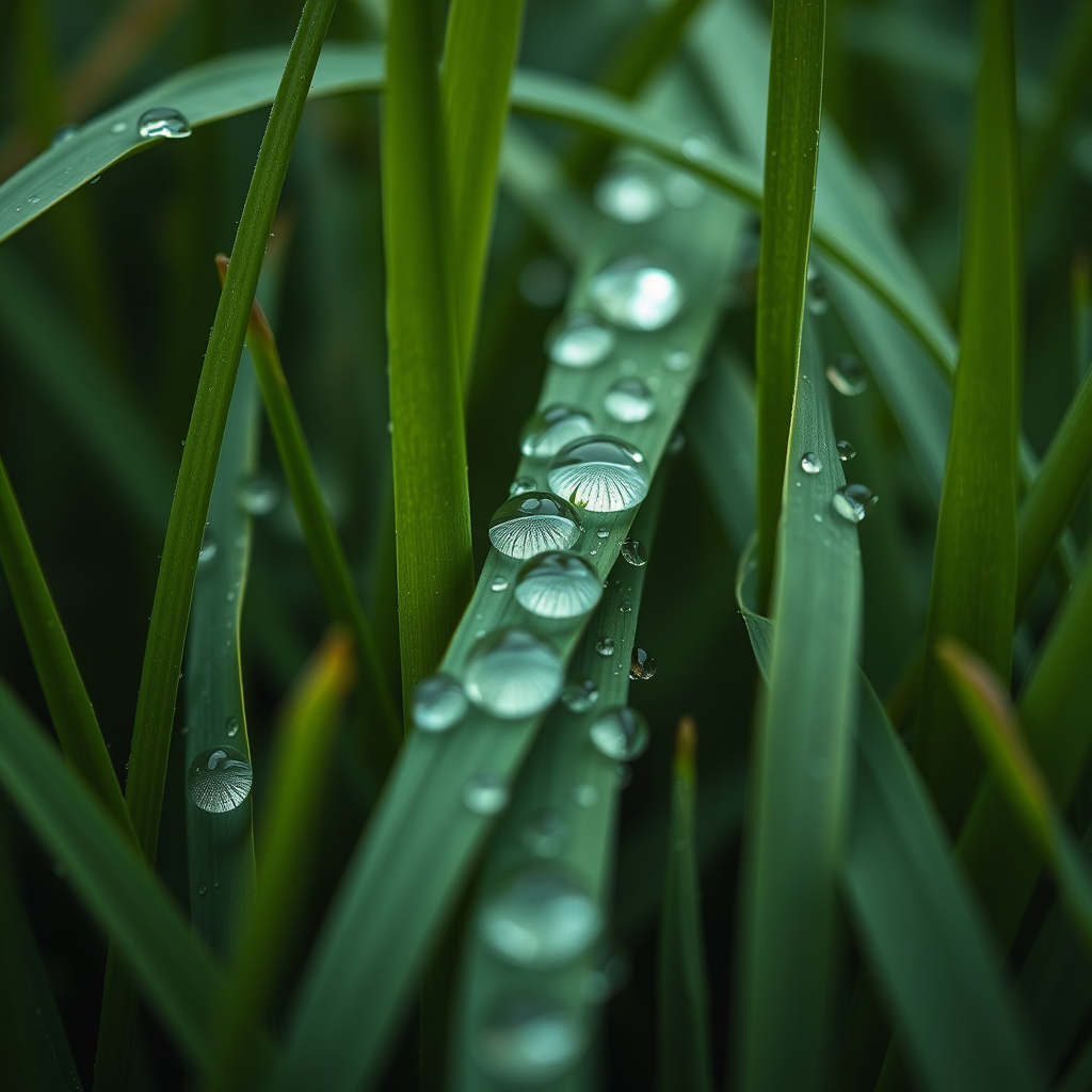 Close-up shot of green grass blades with water droplets, f/2.8 aperture, 50mm lens, ISO 200, natural light, macro photography, DSLR camera, soft focus background.