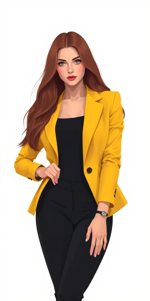 Create a high-resolution digital illustration of a woman with long brown hair, wearing a yellow blazer and black pants, in a confident pose, using a Canon EOS R5, 50mm f/1.2 lens, shot at f/2.8, 1/200s, ISO 100, with a soft-focus background for a polished, professional style.