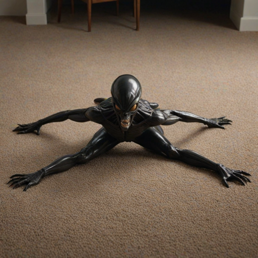 A funny Alien in a stretching position on a textured carpet, with its black, glossy body reflecting dim light. Legs spread wide, upper body bent forward, long segmented tail curving over its back, arching above its head. Face directed at the viewer, showing biomechanical features, sharp teeth, elongated skull. Muscles taut, emphasizing strength in the stretch. Minimalist environment, focusing on the creature's athletic pose. Photorealistic quality.
