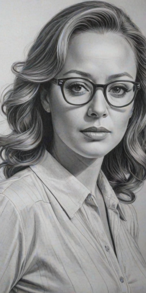 Dazzling Leah Remini, pencil sketch, portrait of Graceful woman 1936s in glasses, hair style beatnik, outline, clear lines, fine lines, 8k