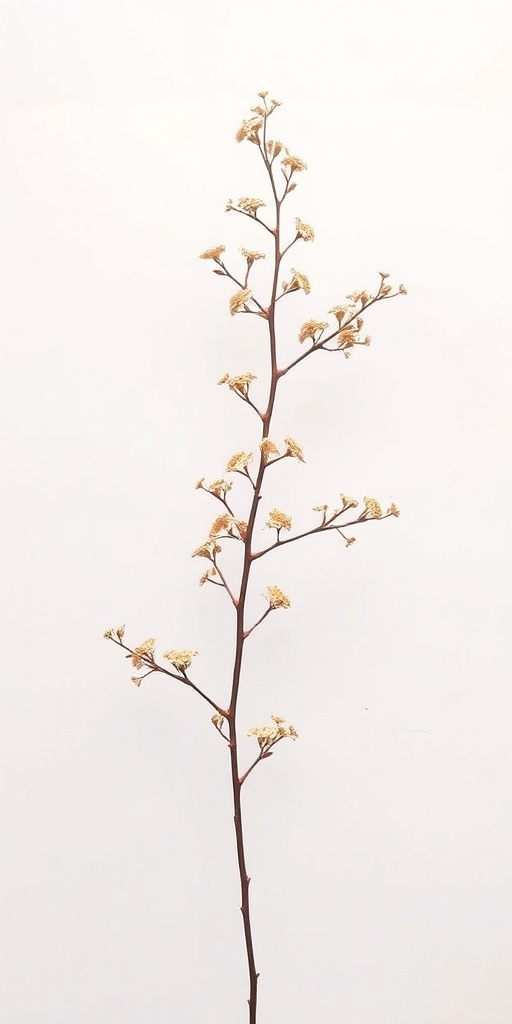 create a delicate, slender branch with small, intricately detailed leaves and clusters of tiny flowers, in a warm, earthy color palette against a plain background