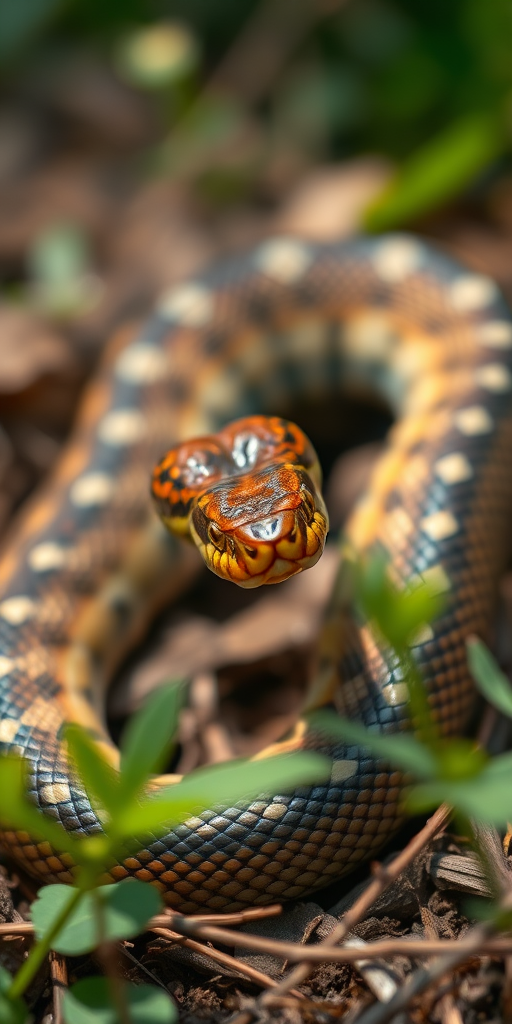 Regenerate a highly detailed image of a coiled snake in a natural habitat, using a DSLR camera with a 50mm lens, aperture set to f/2.8 for depth of field, ISO 100 for clarity, shot in soft natural light, from a low angle to emphasize the snake's texture and surroundings.