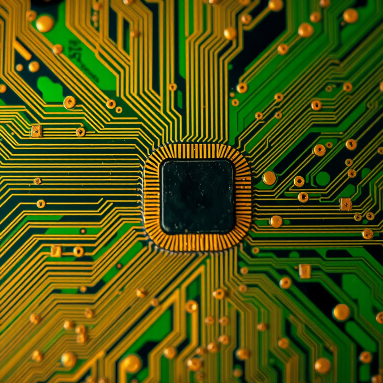 highly detailed abstract close-up of a circuit board design with intricate patterns and vibrant gold and green colors, macro lens f/2.8, ISO 100, 50mm, top-down view, digital camera, high dynamic range imaging for enhanced detail and color richness