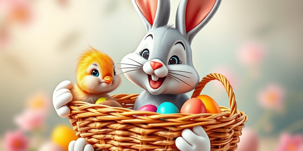 A cartoon bunny holding a chick with a basket of colorful eggs, vibrant colors, playful composition, high-resolution, 50mm lens, f/2.8 aperture, natural lighting, shot from eye level with a soft focus background.
