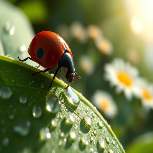 Sharp, detailed close-up of a ladybug crawling across a dewdrop-covered leaf, soft sunlight illuminating the tiny droplets, with distant flowers blurred in the background.