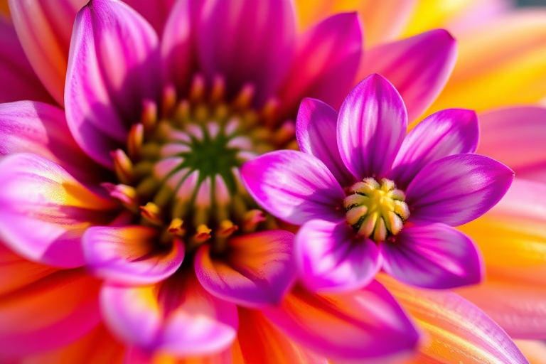 Generate an abstract floral design with vibrant purple and yellow colors, soft glowing effects, high detail, macro lens, f/2.8 aperture, 50mm lens, low light, shallow depth of field, digital photography style.