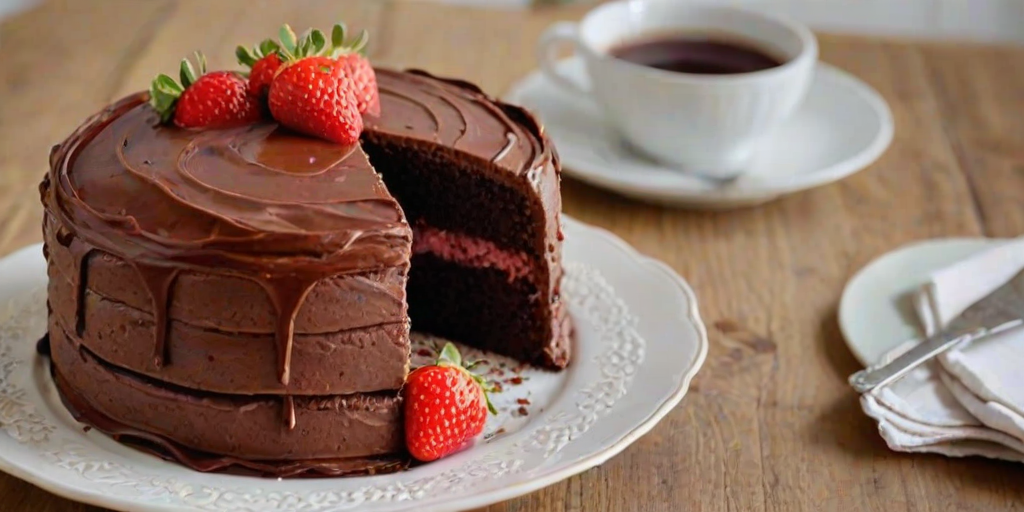 Create an image of a layered chocolate cake with strawberry frosting. The cake should have visible layers of chocolate sponge and strawberry filling, decorated with fresh strawberries on top. A slice of the cake should be shown being lifted out, revealing the rich interior. The setting should be bright and inviting, with soft lighting and a simple, elegant plate.