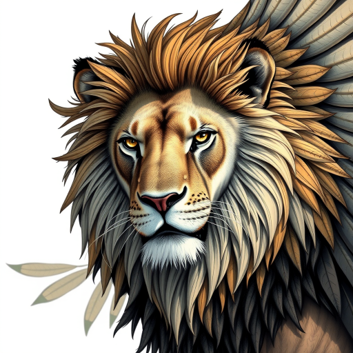 Create a detailed illustration of a winged lion with intricate feather details, using a DSLR camera at f/2.8 aperture, 50mm lens, shot at eye level, with high dynamic range settings and natural lighting to enhance depth and clarity.
