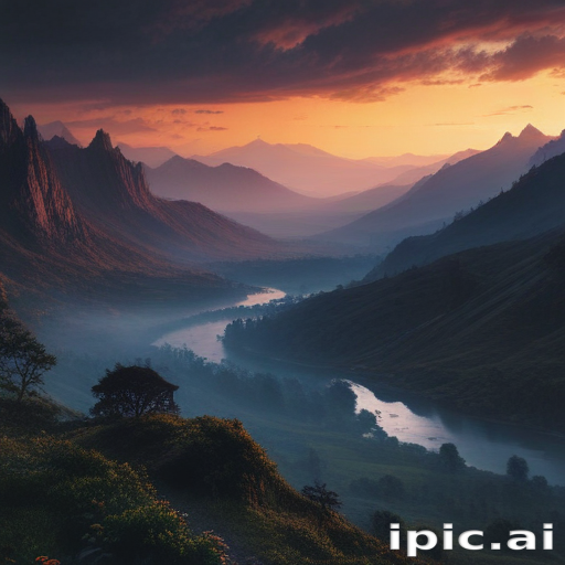 Majestic Sunset Over Serene Mountain Valley with Flowing River Below