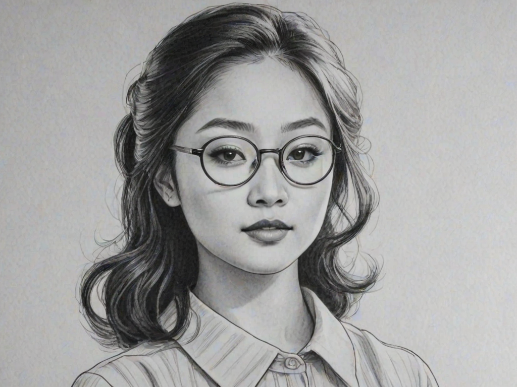 Splendid Lana Condor, pencil sketch, portrait of Exquisite woman 1928s in glasses, hair style beatnik, outline, clear lines, fine lines, 8k
