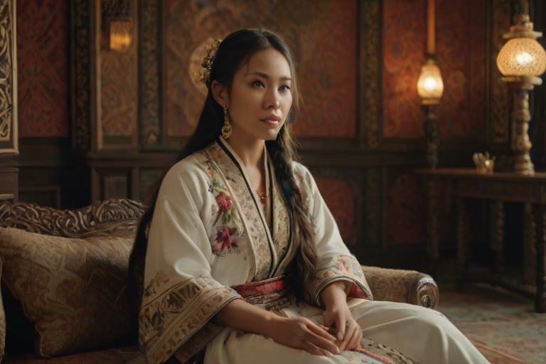 A beautiful Guarani woman in traditional East Asian attire, intricately detailed with embroidered patterns, sitting gracefully in a richly decorated room, soft ambient lighting, serene and elegant, ultra-realistic, 8K resolution