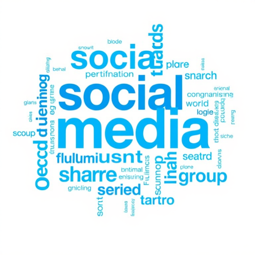 Create a vibrant word cloud featuring the terms "social media," "communication," "friends," "search," "share," and "group" in varying sizes and blue tones on a white background, using a DSLR camera with a 50mm lens, aperture set to f/2.8, ISO 100, shot from a top-down perspective.