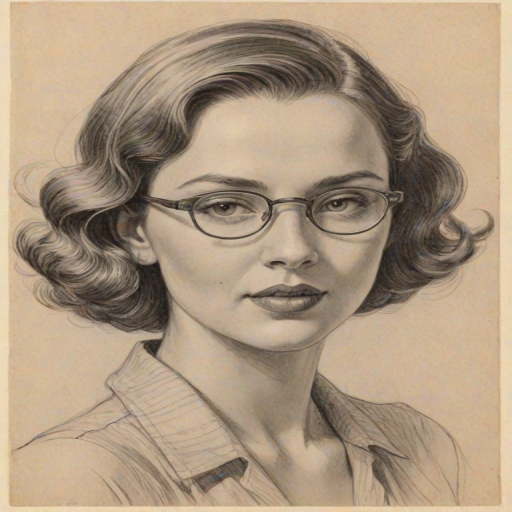 Pleasing Jade Tailor, pencil sketch, portrait of Resplendent woman 1933s in glasses, hair style beatnik, outline, clear lines, fine lines, 8k