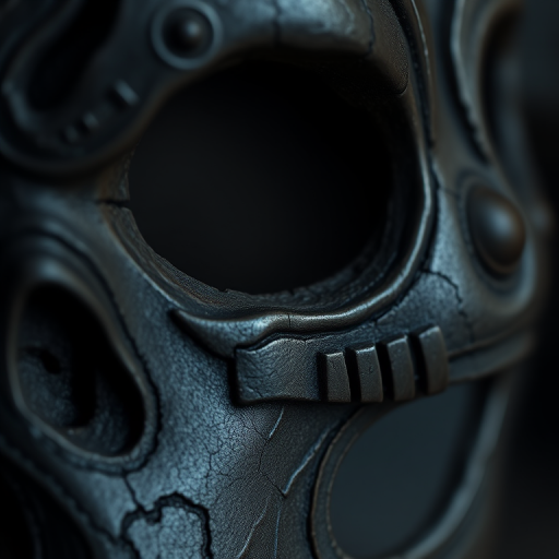 highly detailed close-up of an intricately designed dark fantasy mask with a weathered texture, showing fine cracks and an eerie hollow eye socket, soft diffused lighting, 50mm lens, f/1.8 aperture, ISO 100, shallow depth of field, captured with a full-frame DSLR camera