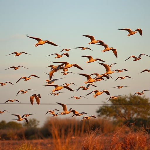Generate an image of a flock of birds flying in a natural setting, using a DSLR camera with a 50mm lens, aperture f/2.8, ISO 200, shutter speed 1/1000s, in the golden hour for soft lighting and a vibrant sky.