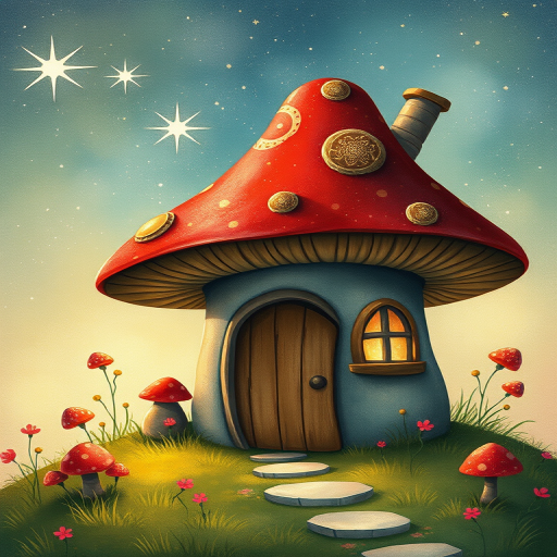 this picture is illustration of a mushroom house with a door and a window, a storybook , fantasy art, mushroom house, bg starry sky, sparkles