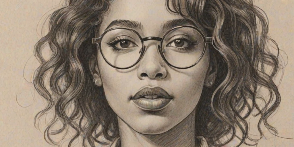 Enticing SZA, pencil sketch, portrait of Enticing woman 1923s in glasses, hair style beatnik, outline, clear lines, fine lines, 8k