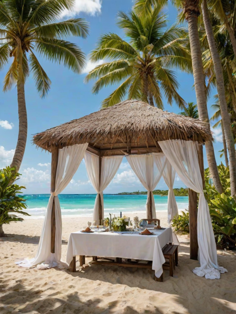 Create a picturesque tropical beach scene featuring a serene, white sandy shore. In the foreground, there's a rustic wooden canopy with white drapes gently flowing in the breeze. Underneath the canopy, a table is set with tropical decor, evoking a sense of relaxation and leisure. The beach extends into a calm, shallow water area with reflections of the sky and surroundings. Palm trees and lush greenery line the edge of the beach, providing a natural, tropical backdrop. The sky is clear with a few scattered clouds, and the overall atmosphere is tranquil and inviting, perfect for a peaceful retreat.