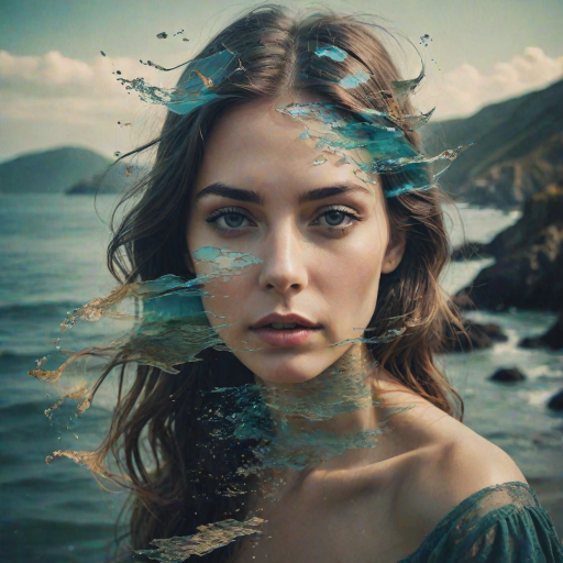 this photo is Book cover, A surreal double exposure portrait that blends a woman's face with a beautiful seascape. The overall mood is dreamy and mystical, with rich colors and intricate details