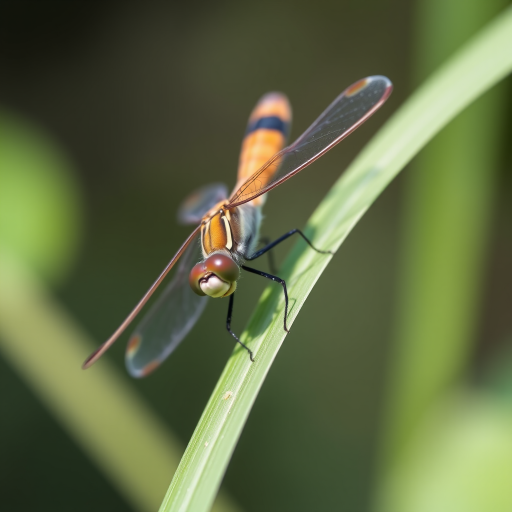 Close-up shot of a dragonfly perched on a leaf, shallow depth of field, f/2.8, 1/200s shutter speed, ISO 100, macro lens, natural soft lighting, captured with a DSLR camera, outdoors.