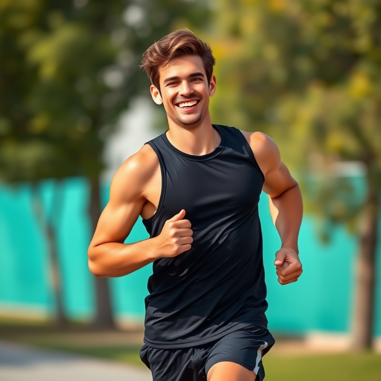 generate an image of a young man jogging with a cheerful expression, wearing a sleeveless black top and shorts, a bright turquoise background, use a Canon EOS R5 with 50mm f/1.8 lens, aperture set to f/4, shutter speed 1/250, ISO 100, with a soft focus effect for added depth.