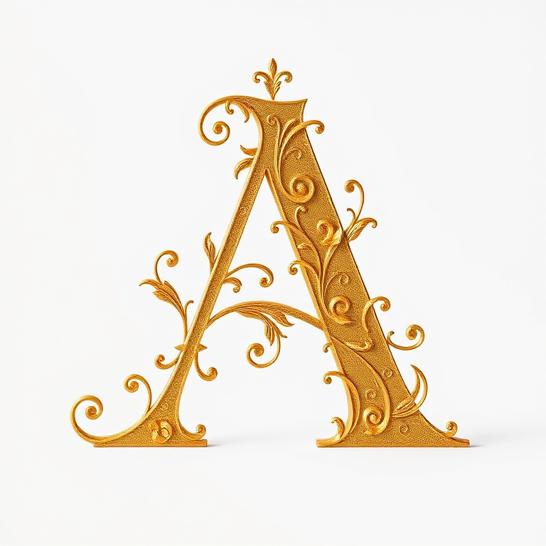 Create an elegant golden letter "A" adorned with intricate swirls and floral designs on a clean background, captured with a DSLR camera at f/2.8, ISO 100, and a 50mm lens, using a shallow depth of field for a soft bokeh effect.