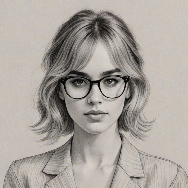 Elegant Suki Waterhouse, pencil sketch, portrait of Lovely woman 1947s in glasses, hair style beatnik, outline, clear lines, fine lines, 8k